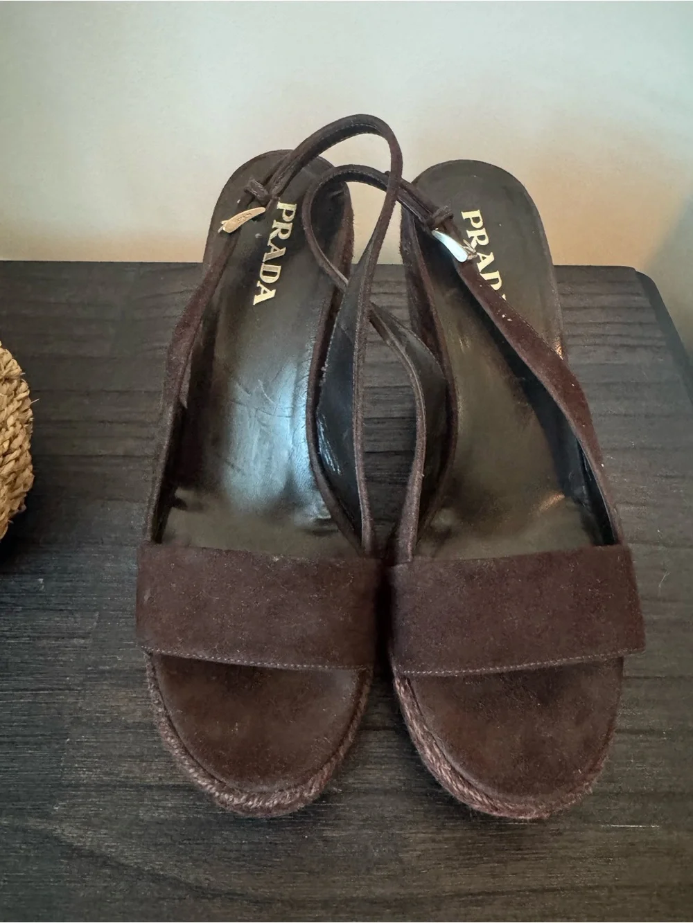 Prada Vintage Brown Suede Espadrille Wedge Sandals EU 37